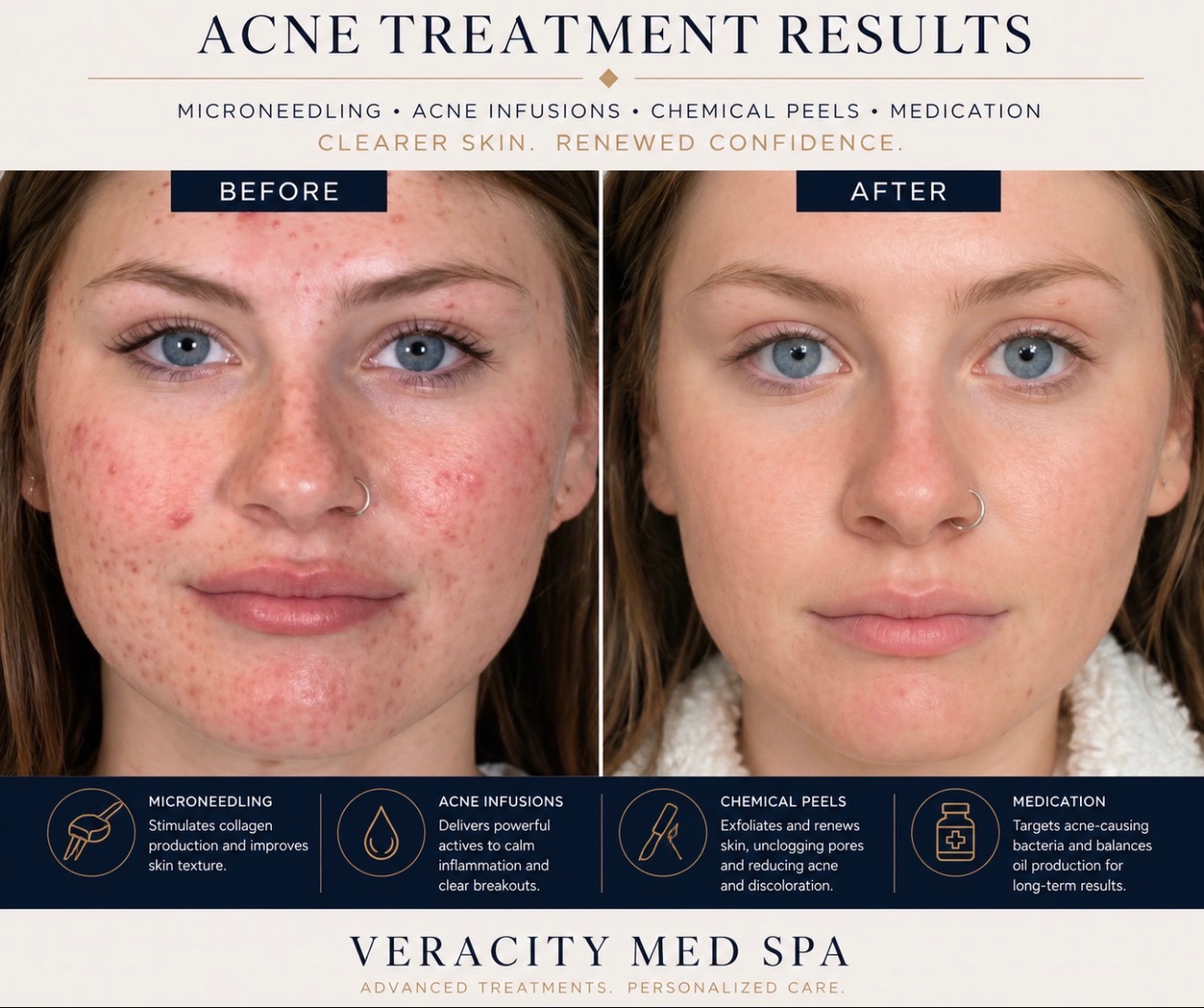 Before and after acne treatment results using microneedling, acne infusions, chemical peels, and medication at Veracity Med Spa