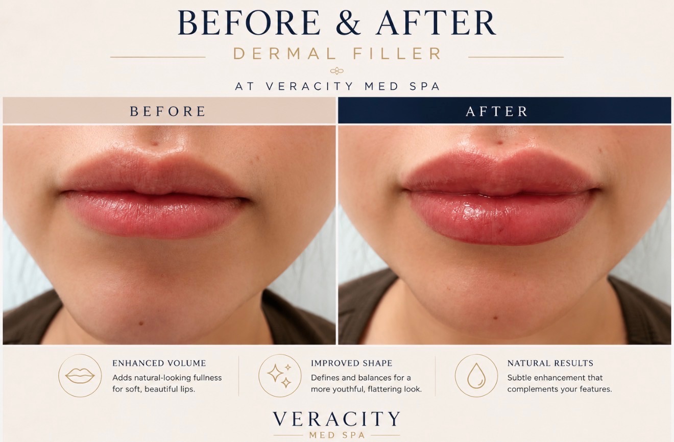 Before and after dermal filler treatment at Veracity Med Spa showing enhanced lip volume and shape