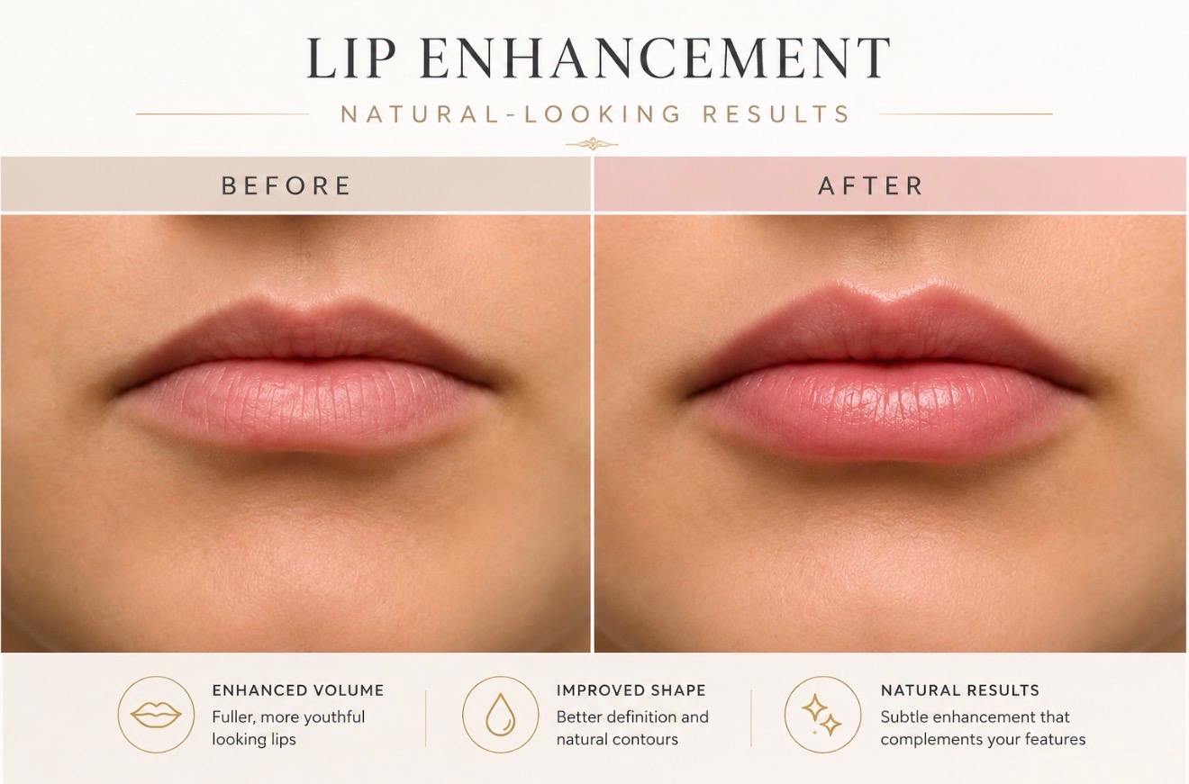 Before and after lip enhancement treatment showing fuller, natural-looking lips